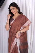 Classic plain rust brown linen saree for everday elegance