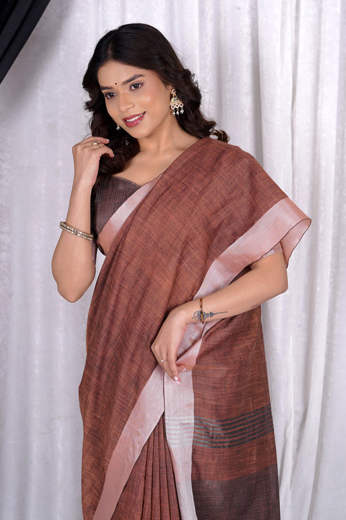 Classic plain rust brown linen saree for everday elegance