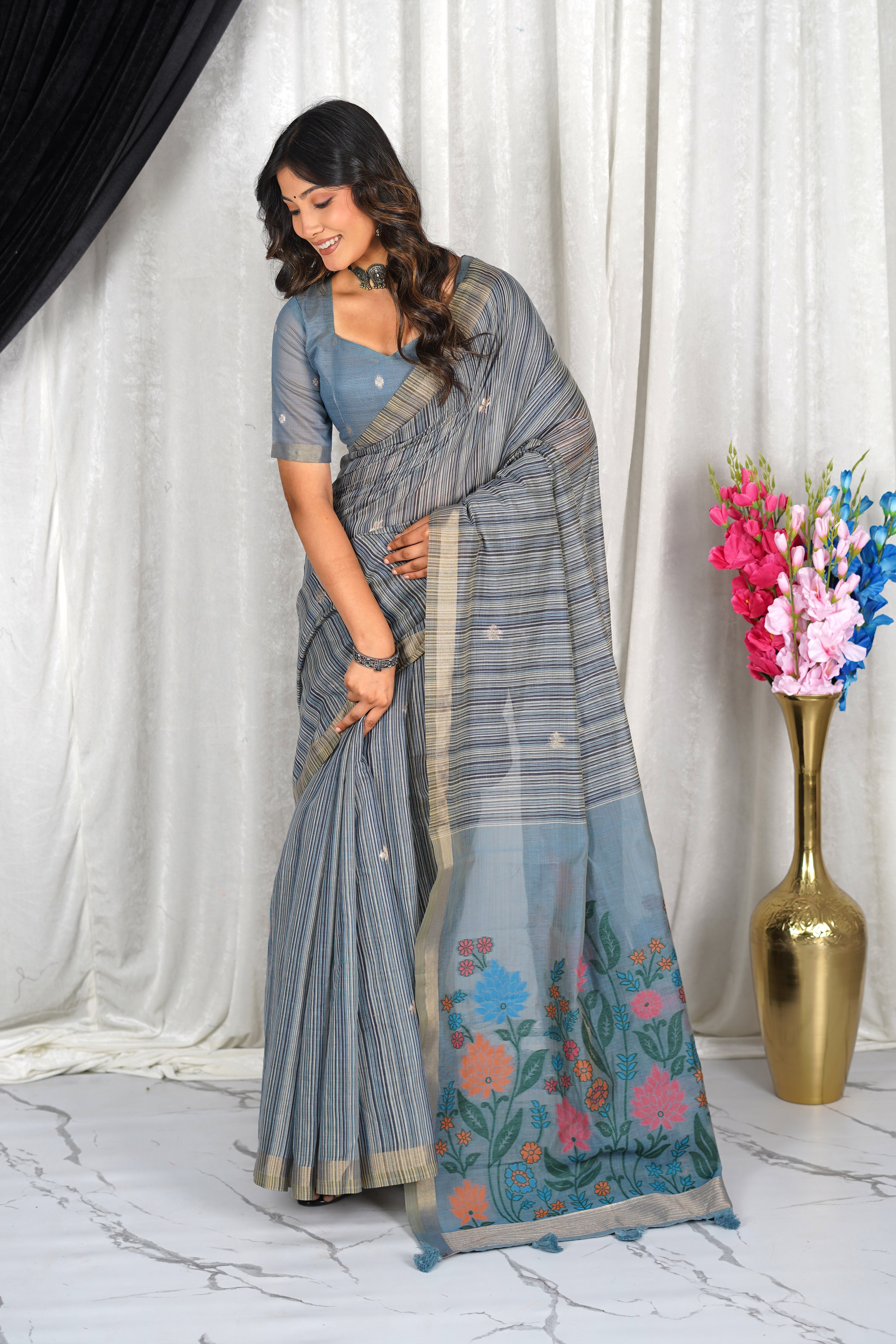 Blue Meadow – Soft Muga Cotton Saree