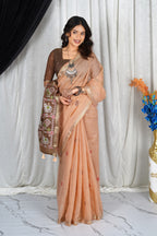 Peach Whisper – Handcrafted Muga Cotton Drape with PICHWAI on pallu