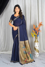 Navy Blue Soft Cotton Saree with Zari Pallu for festive elegance