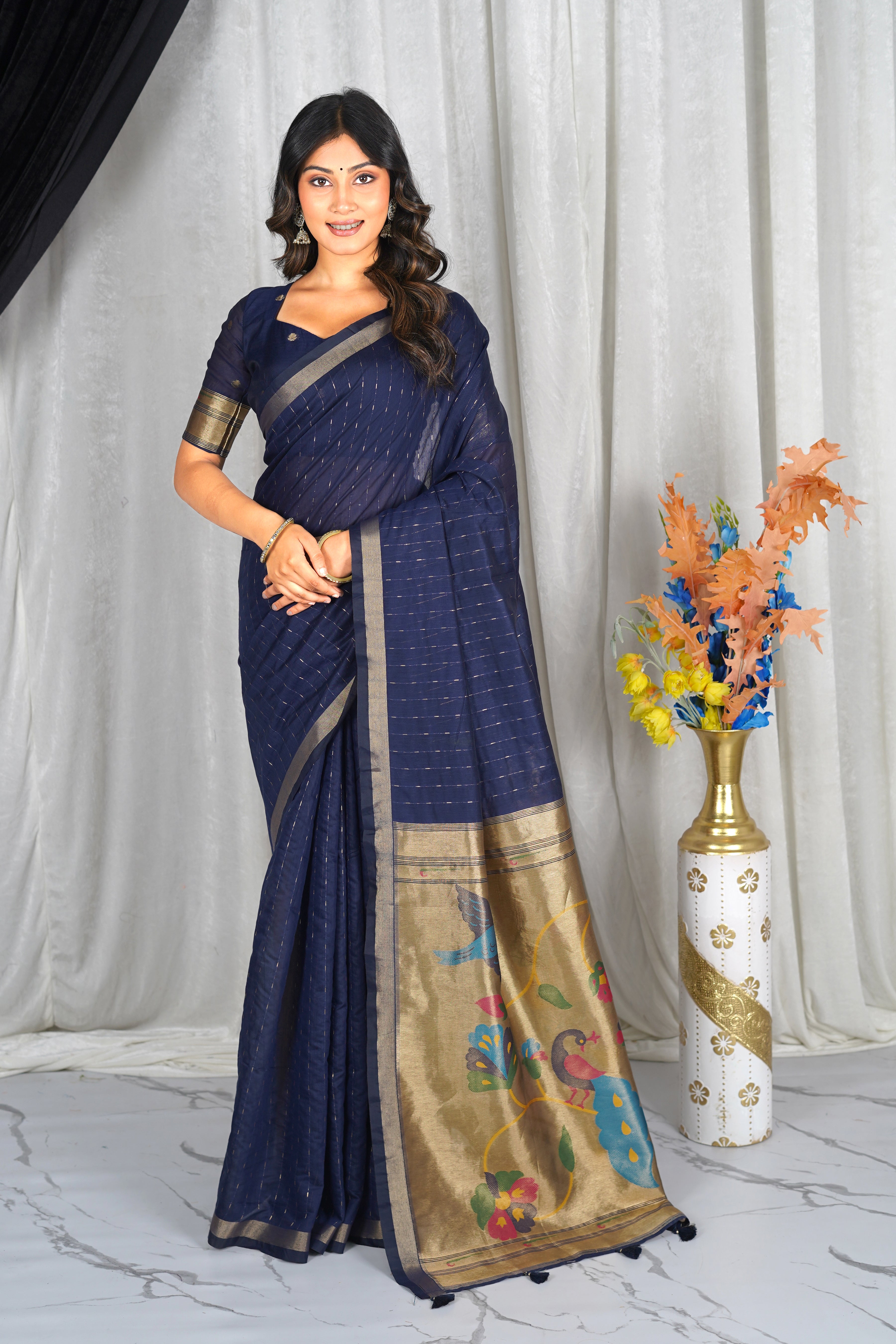 Navy Blue Soft Cotton Saree with Zari Pallu for festive elegance