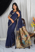 Navy Blue Soft Cotton Saree with Zari Pallu for festive elegance
