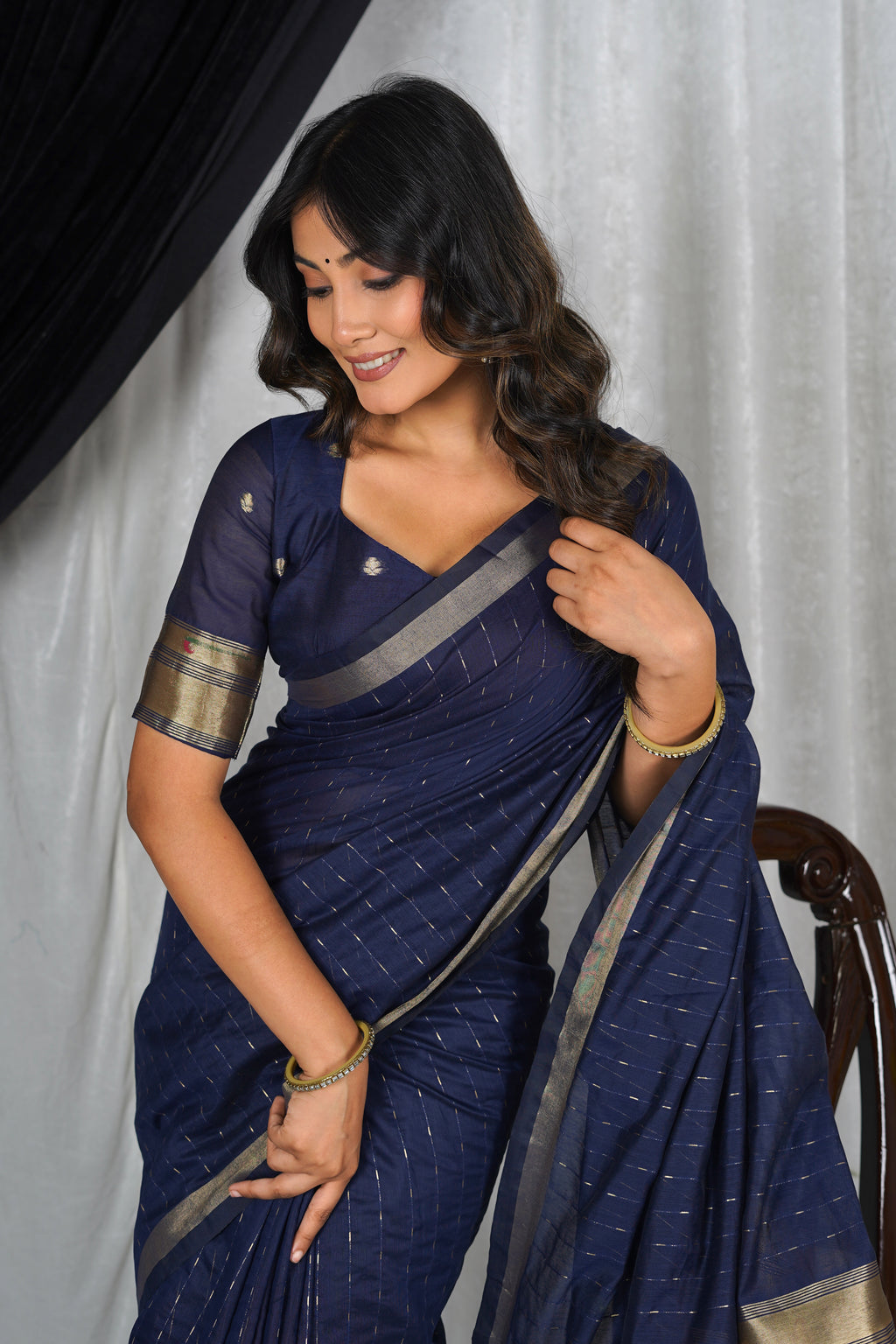 Navy Blue Soft Cotton Saree with Zari Pallu for festive elegance