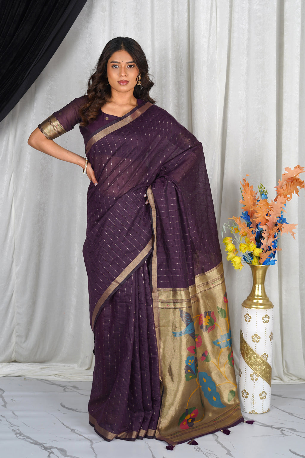 Festive Plum Cotton Saree with Zari Border & Designer Pallu