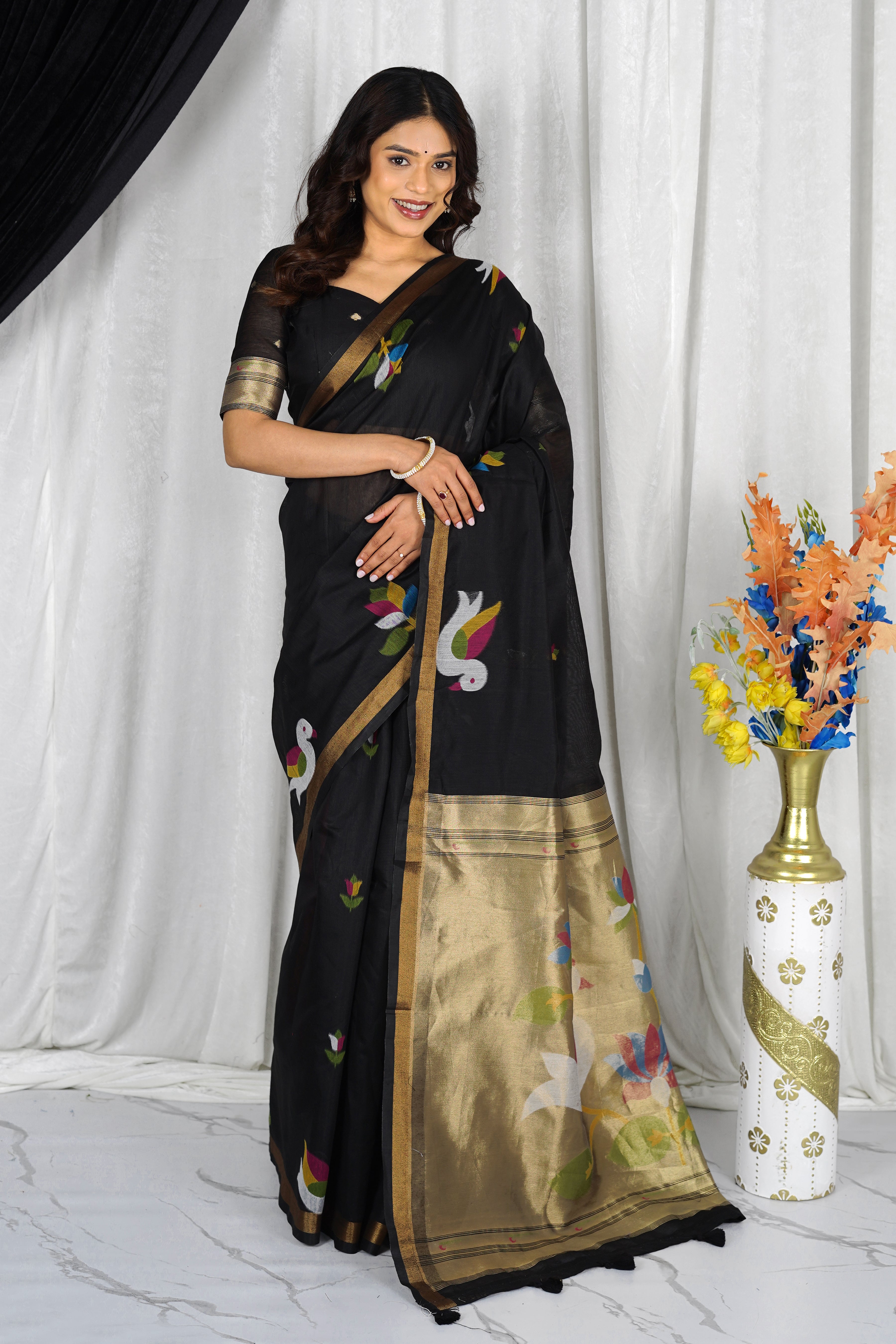 Minimal Black Cotton Saree with Gold Zari Pallu