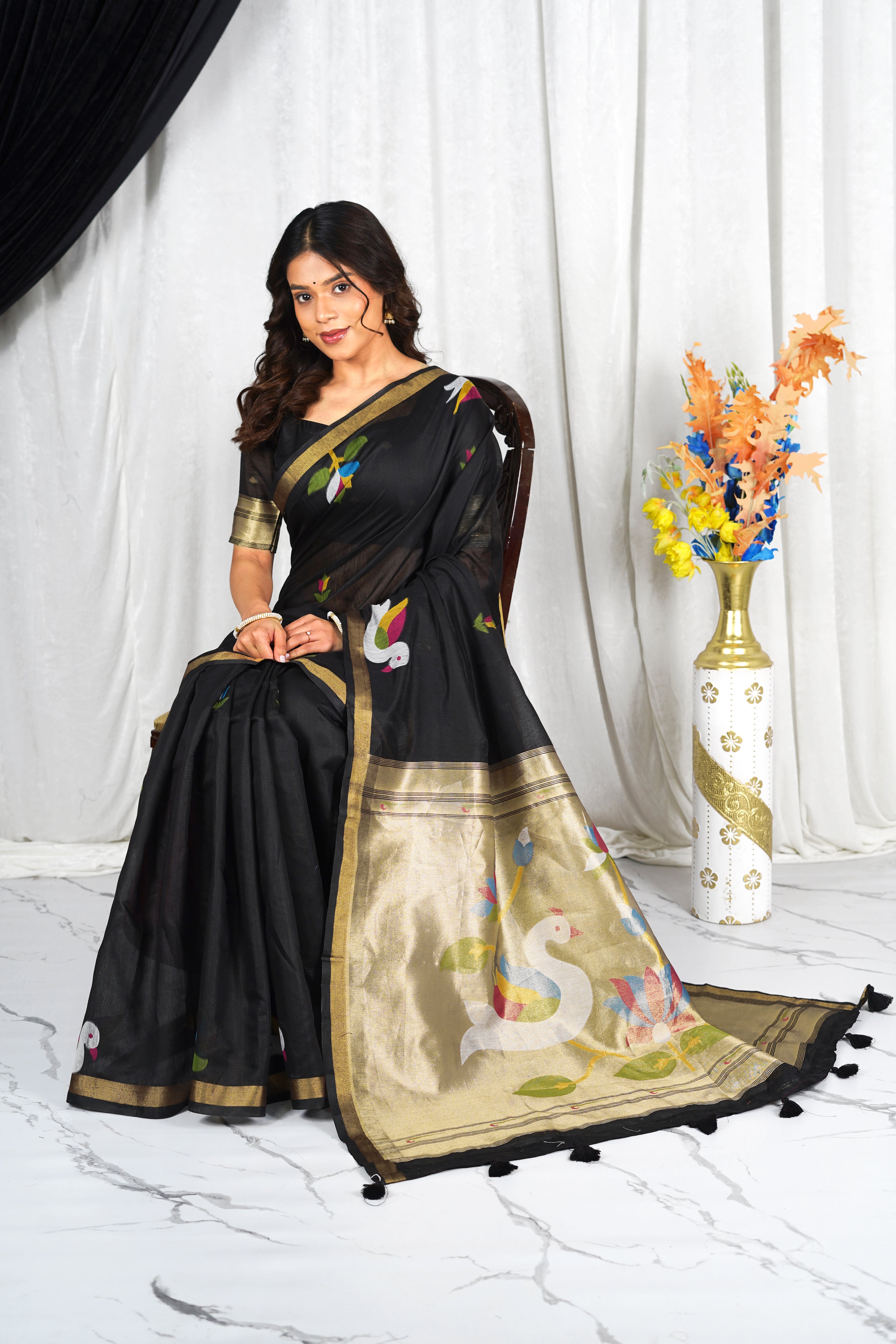 Minimal Black Cotton Saree with Gold Zari Pallu