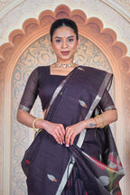 Minimalist Soft Linen Saree – Elegant Brown with Artistic Motifs