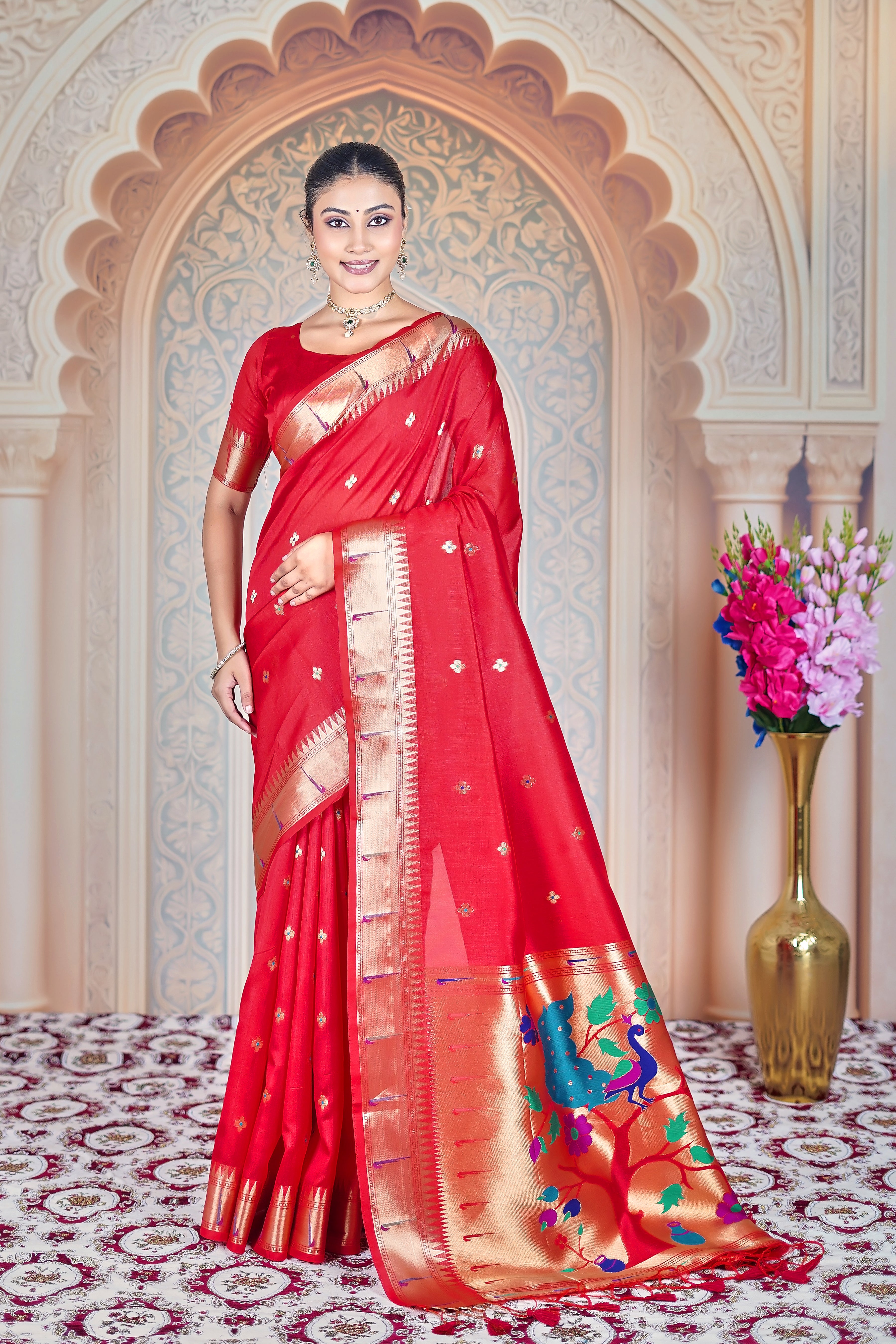 Rakta Vana Paithani-Inspired Soft Raw Silk Saree – Handwoven Gold Zari with Peacock & Floral Pallu