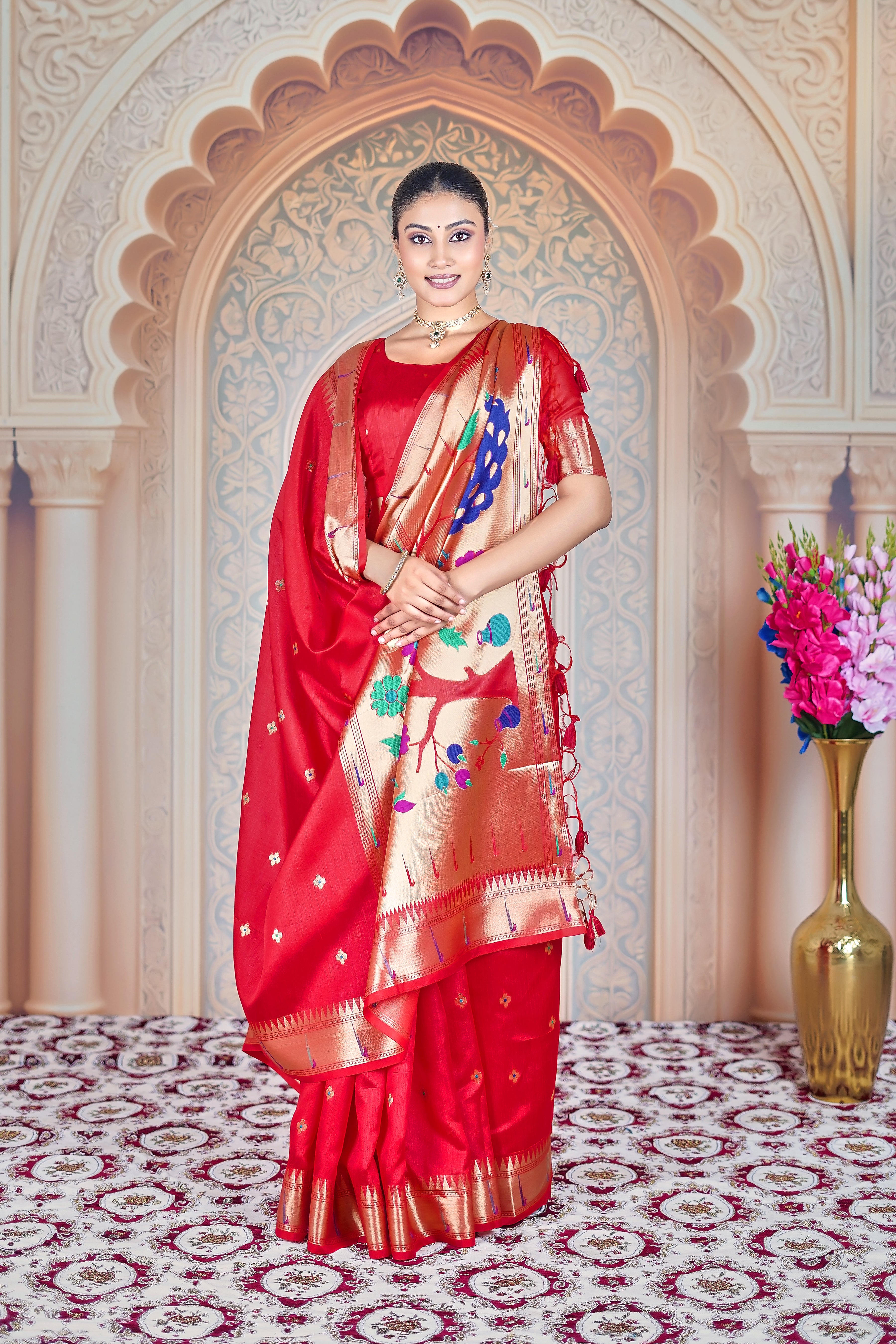 Rakta Vana Paithani-Inspired Soft Raw Silk Saree – Handwoven Gold Zari with Peacock & Floral Pallu