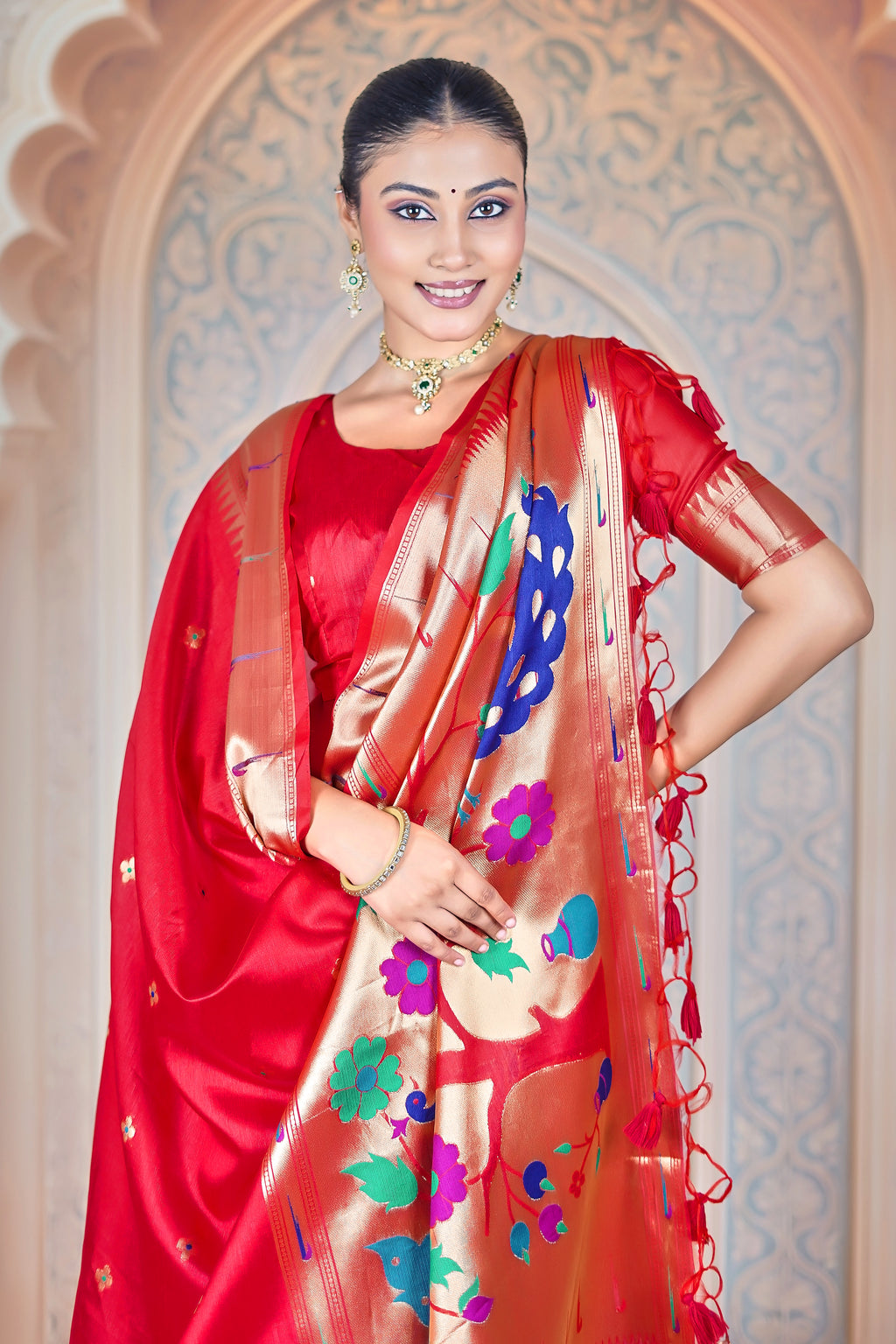 Rakta Vana Paithani-Inspired Soft Raw Silk Saree – Handwoven Gold Zari with Peacock & Floral Pallu