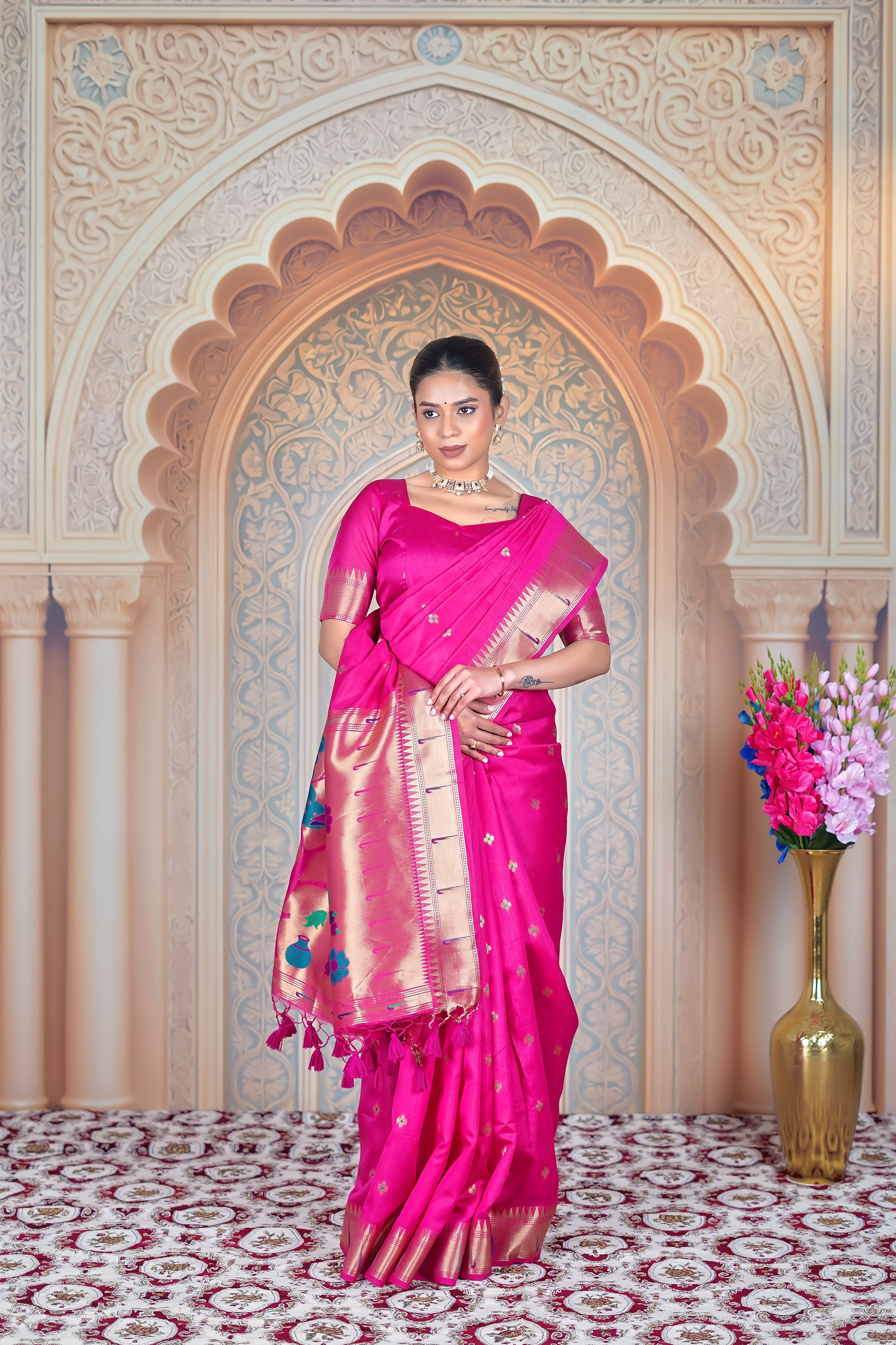 Rani Gulab Paithani Tale – Soft Raw Silk Handwoven Saree