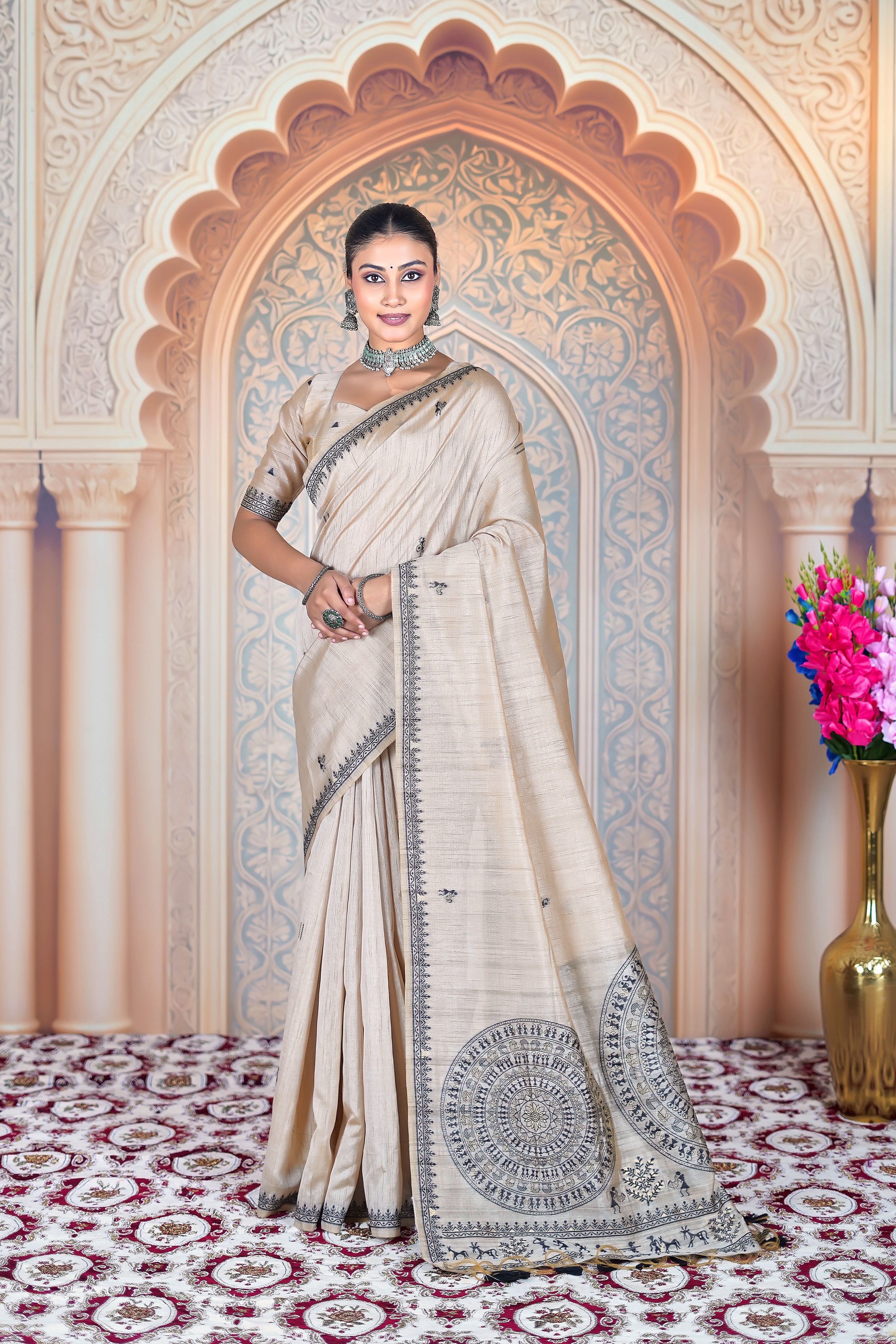 Warli Whispers: Pure Handloom Tussar Silk Saree in Natural Ivory