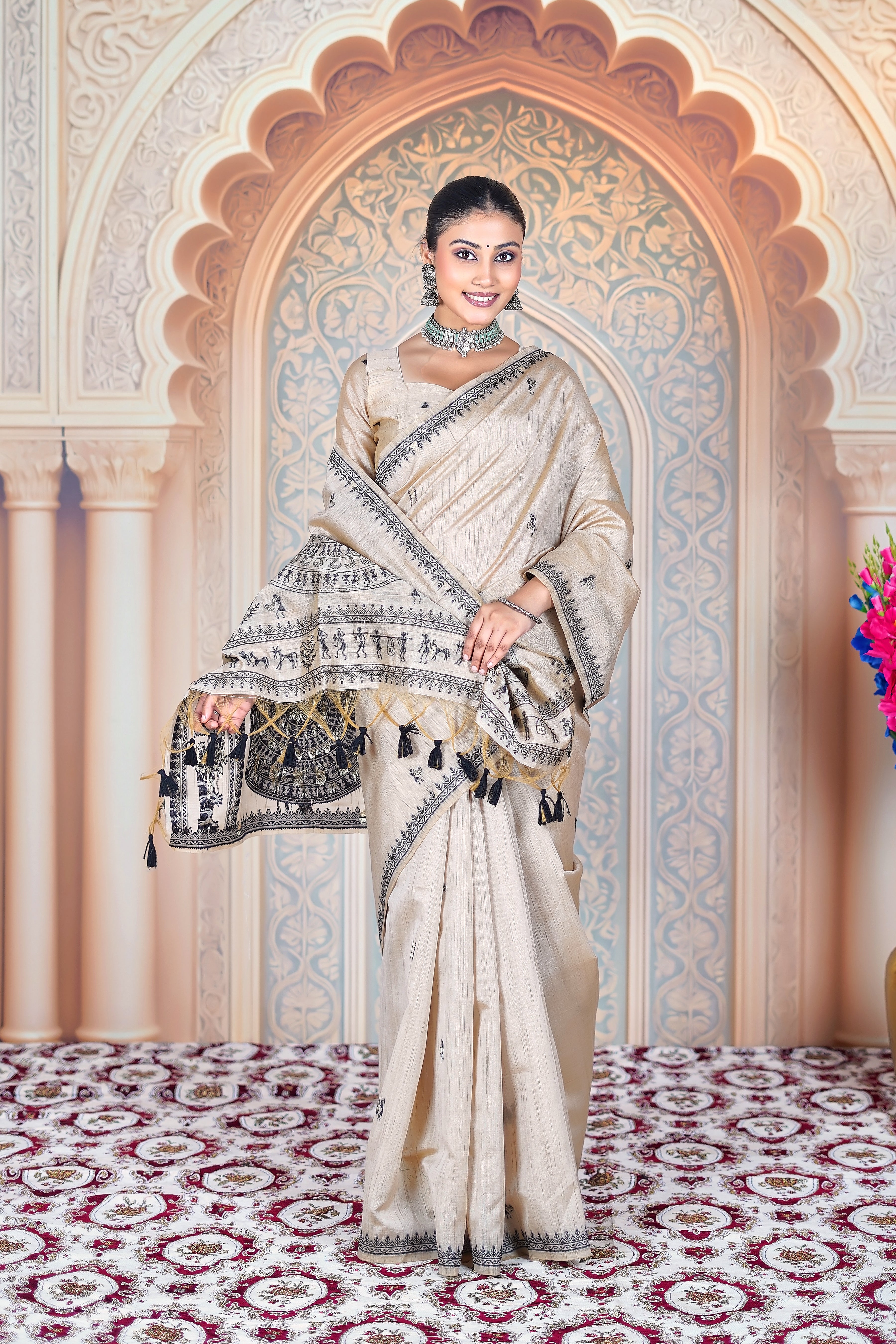 Warli Whispers: Pure Handloom Tussar Silk Saree in Natural Ivory