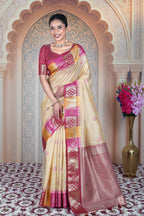 KAHANI Heritage Raw Silk Saree – Gold Weave with Crimson Zari Narrative