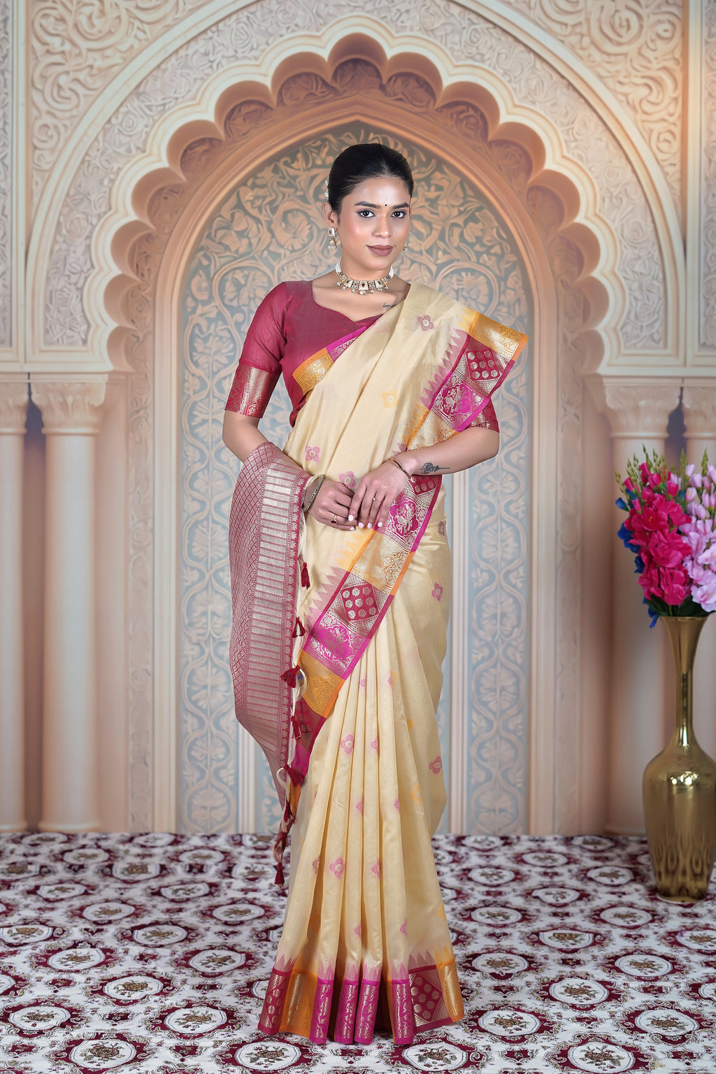 KAHANI Heritage Raw Silk Saree – Gold Weave with Crimson Zari Narrative