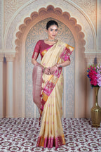 KAHANI Heritage Raw Silk Saree – Gold Weave with Crimson Zari Narrative