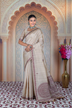 Ivory Tussar Silk Saree with Handwoven Warli Art Pallu