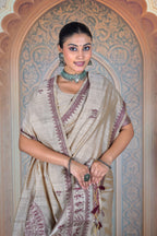 Ivory Tussar Silk Saree with Handwoven Warli Art Pallu