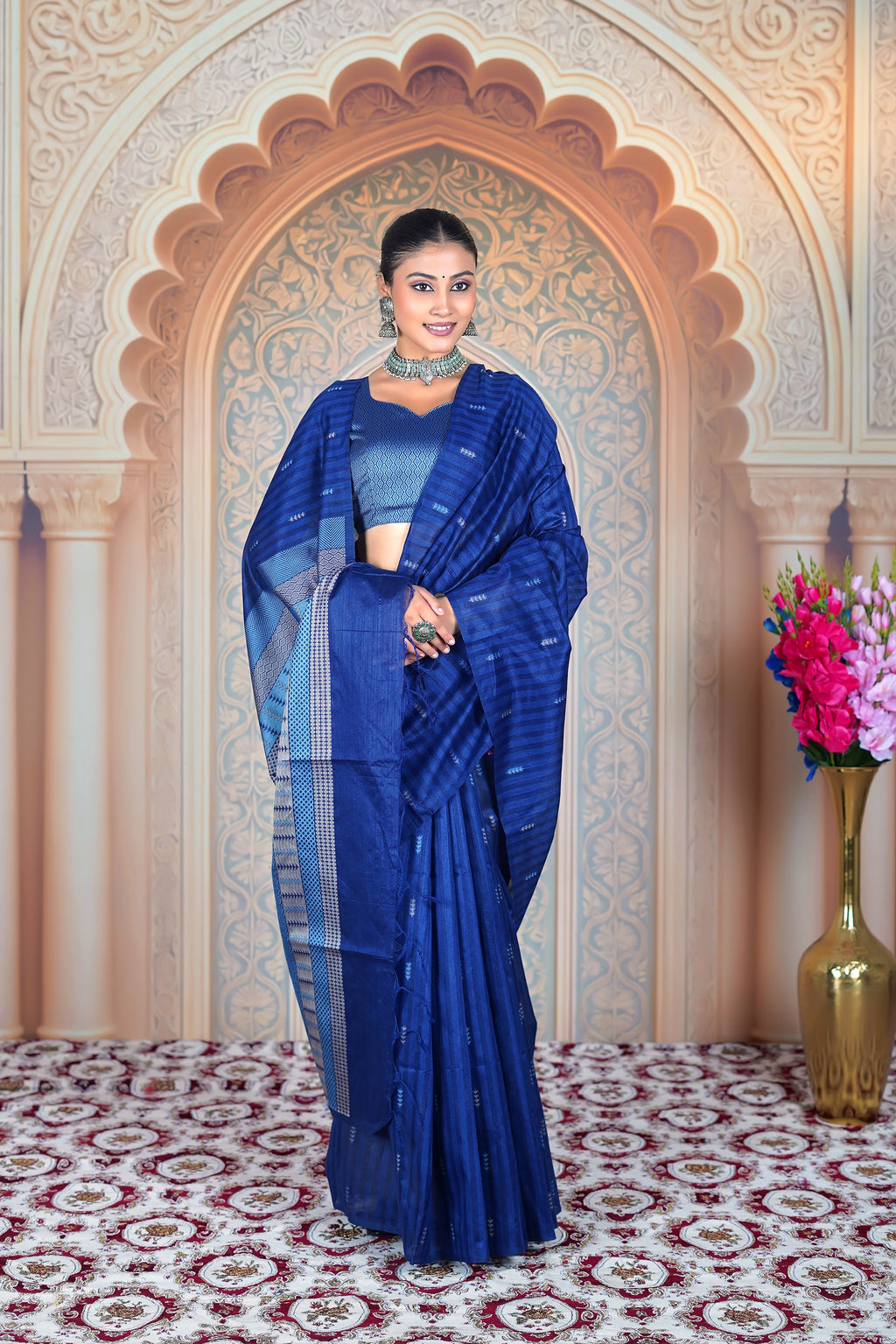 Midnight Indigo Matka Tussar Silk Saree with Statement Pallu & Designer Clutch