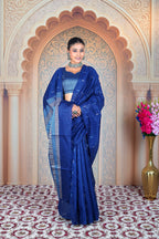 Midnight Indigo Matka Tussar Silk Saree with Statement Pallu & Designer Clutch