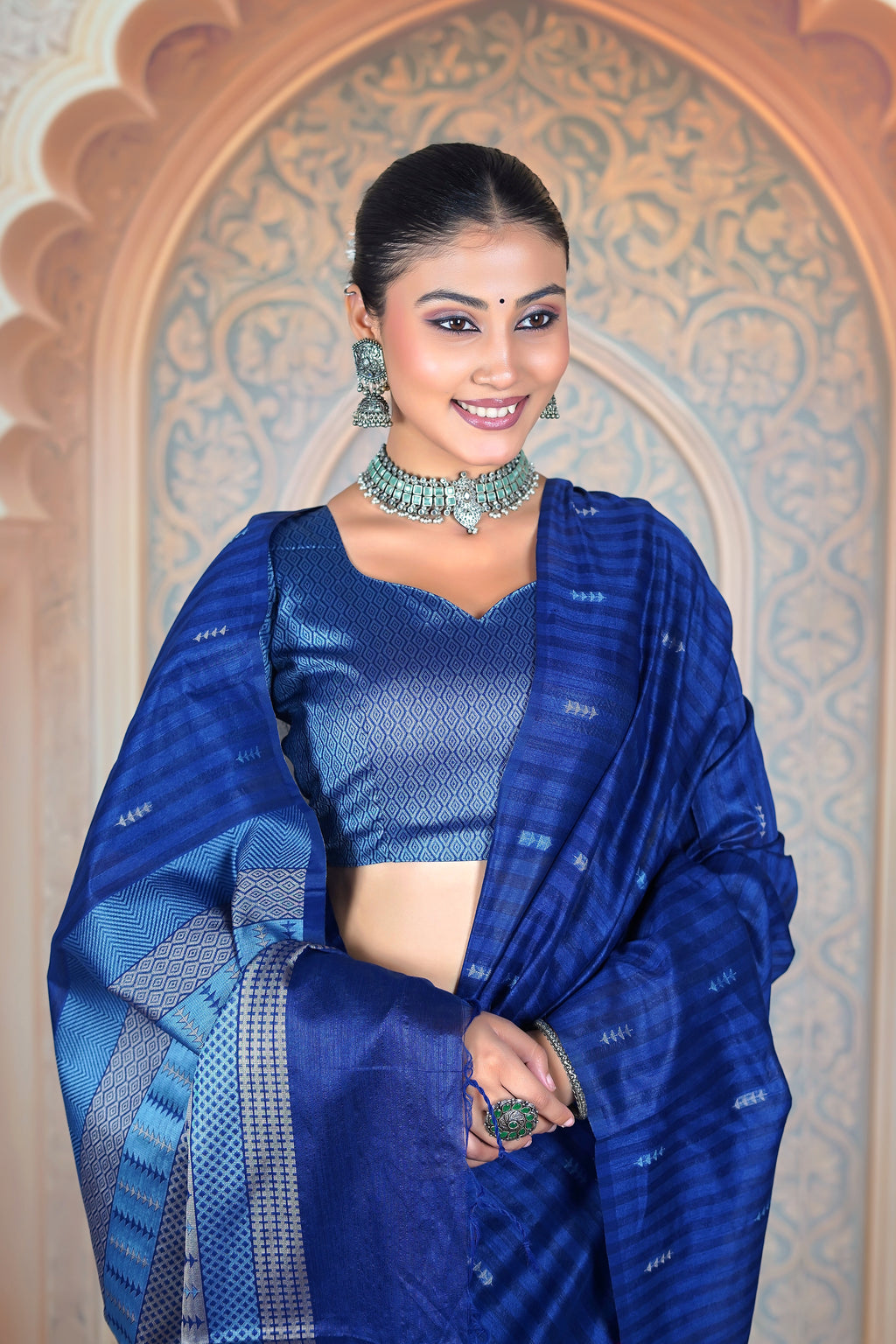 Midnight Indigo Matka Tussar Silk Saree with Statement Pallu & Designer Clutch