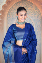 Midnight Indigo Matka Tussar Silk Saree with Statement Pallu & Designer Clutch