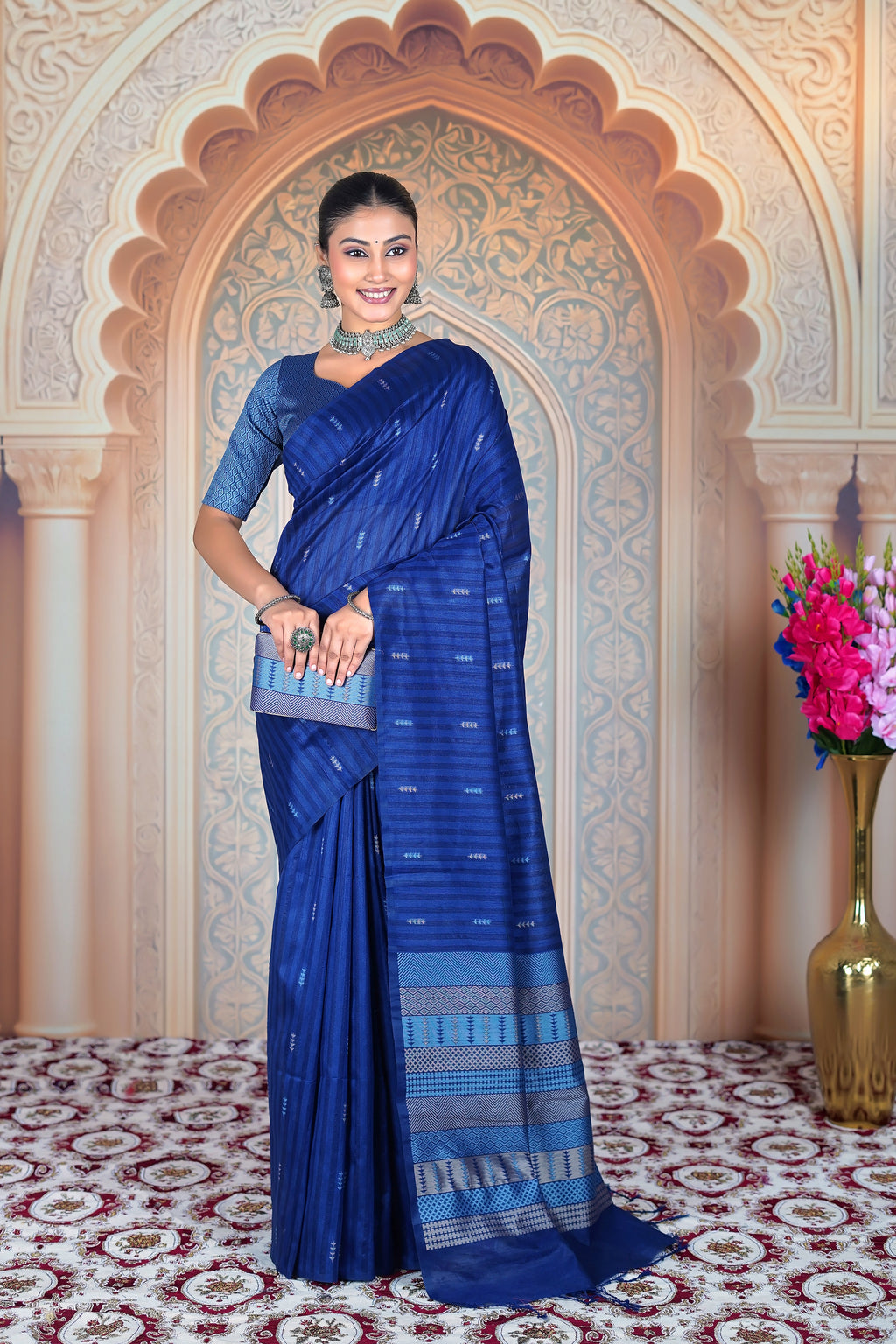 Midnight Indigo Matka Tussar Silk Saree with Statement Pallu & Designer Clutch
