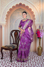 Heritage Weave: Purple Matka Tussar Silk Saree with Antique Gold Border