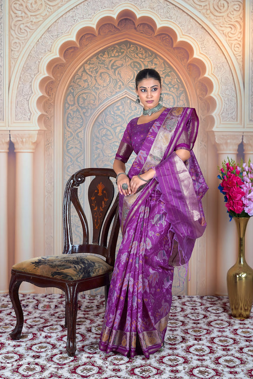 Heritage Weave: Purple Matka Tussar Silk Saree with Antique Gold Border