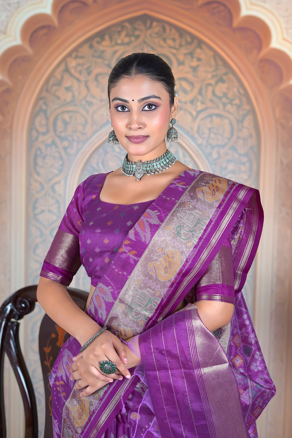 Heritage Weave: Purple Matka Tussar Silk Saree with Antique Gold Border