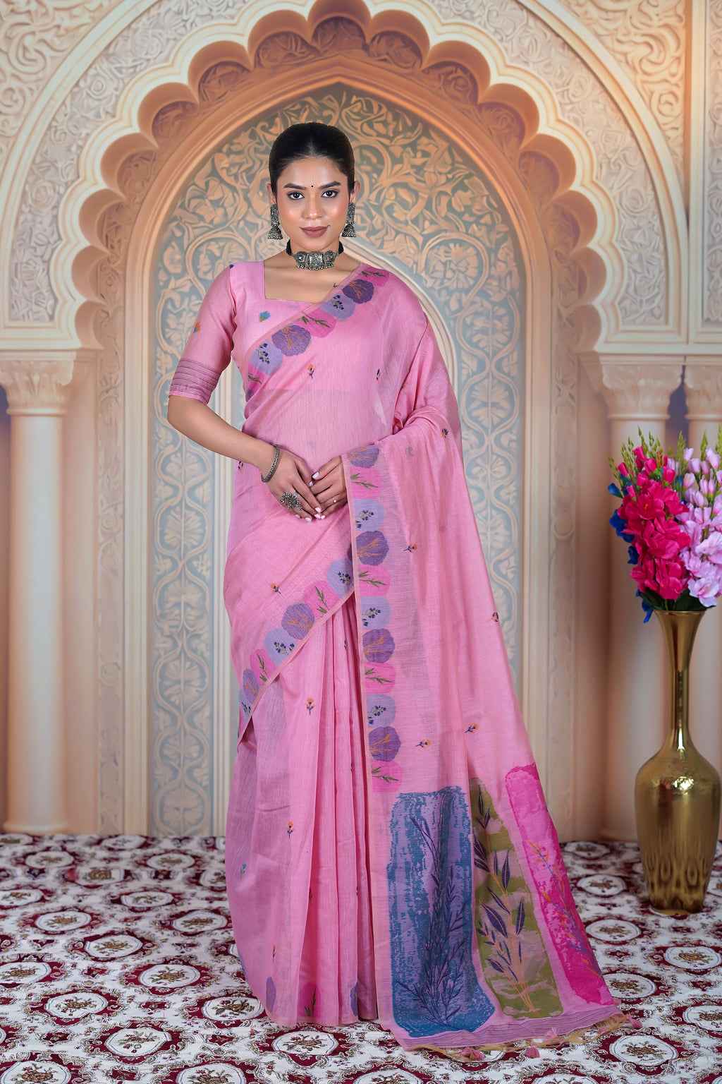 Elegant Pink pure Muga Cotton Saree with Floral Weave & Contemporary Art Pallu