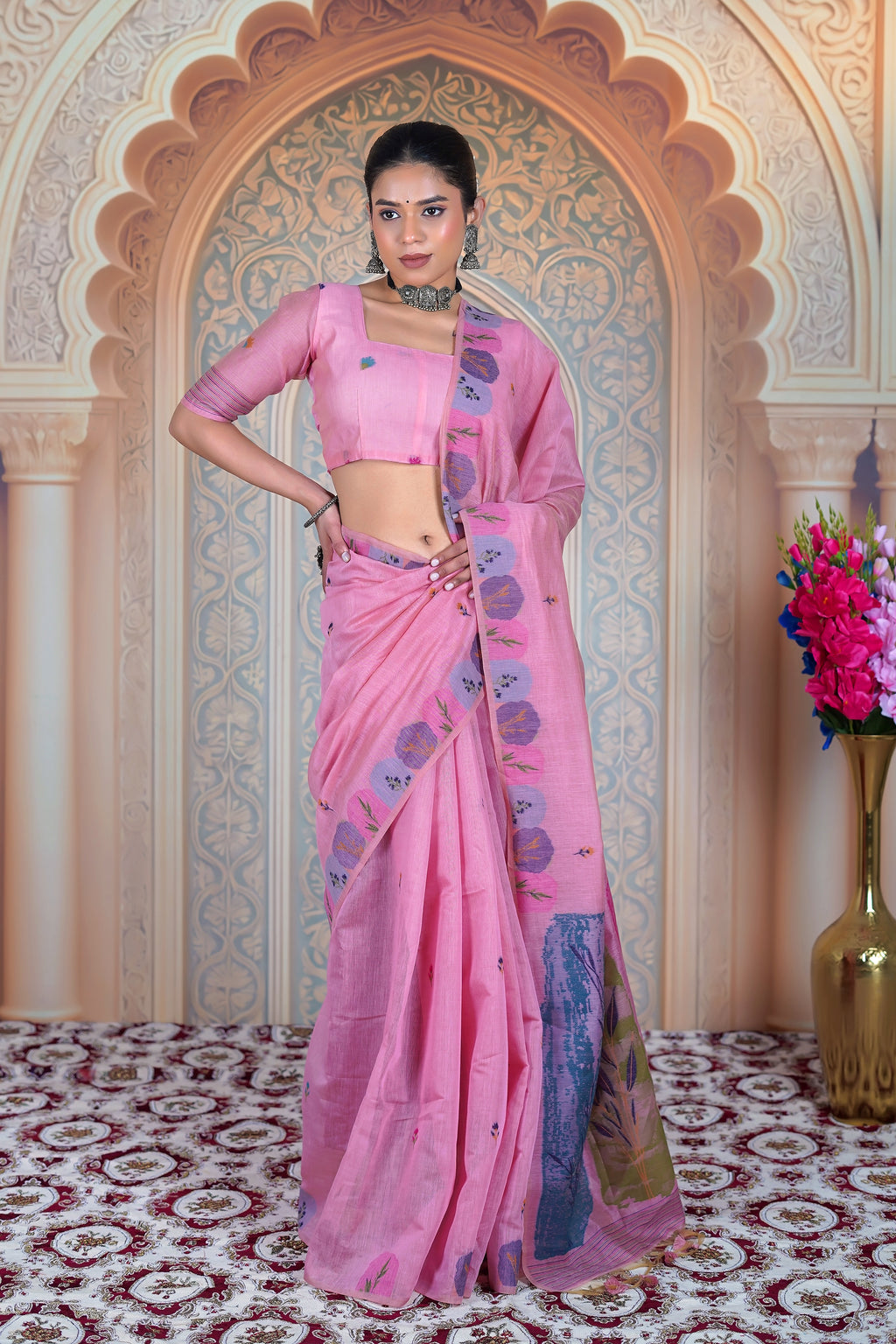 Elegant Pink pure Muga Cotton Saree with Floral Weave & Contemporary Art Pallu