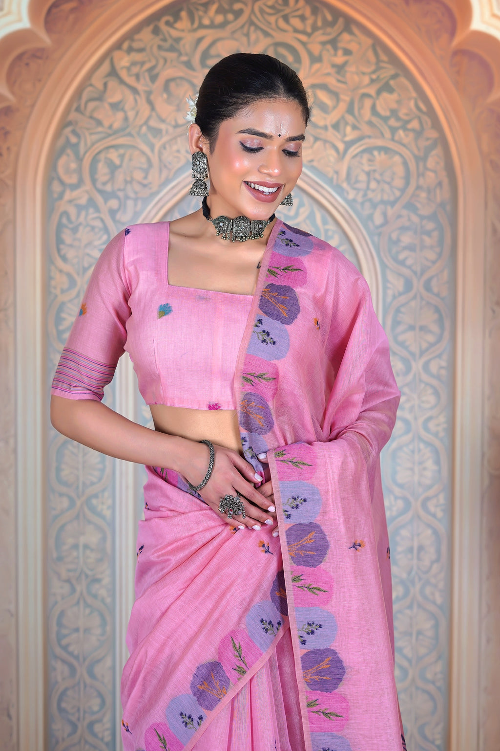 Elegant Pink pure Muga Cotton Saree with Floral Weave & Contemporary Art Pallu