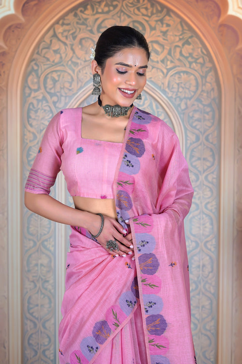 Elegant Pink pure Muga Cotton Saree with Floral Weave & Contemporary Art Pallu