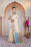 Elegant Cream Muga Cotton Saree with Multicolor Floral Weave & Handcrafted Art Pallu