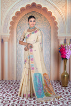 Elegant Cream Muga Cotton Saree with Multicolor Floral Weave & Handcrafted Art Pallu