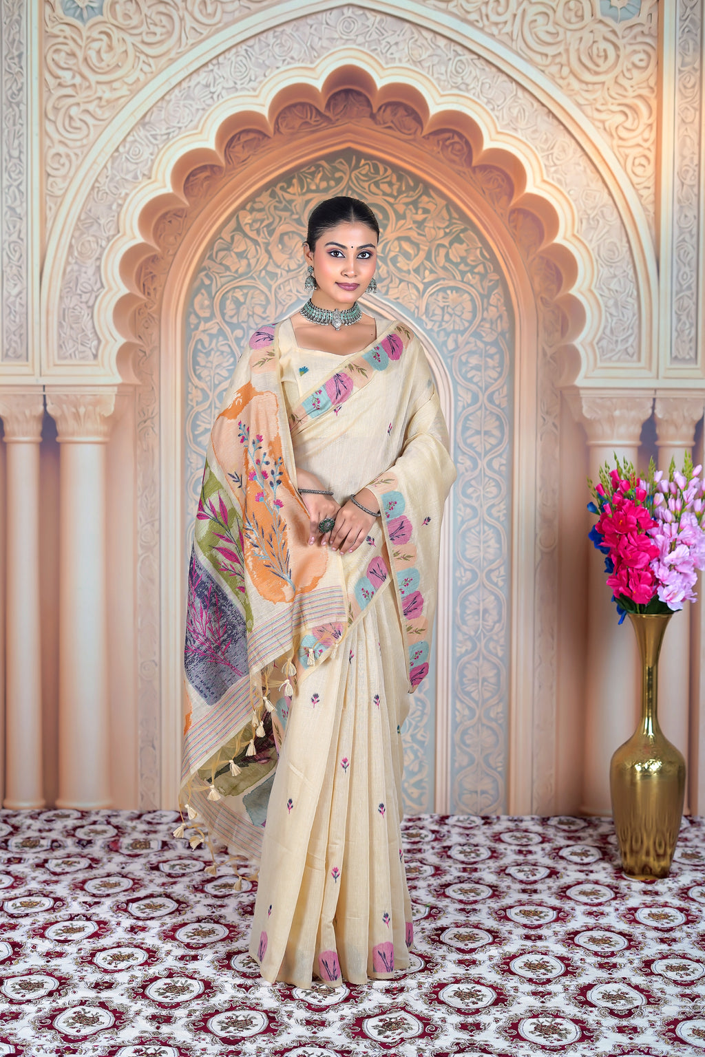Elegant Cream Muga Cotton Saree with Multicolor Floral Weave & Handcrafted Art Pallu