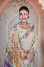 Elegant Cream Muga Cotton Saree with Multicolor Floral Weave & Handcrafted Art Pallu