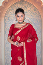 The Royal RED – Crimson Muga Linen Saree with Intricate Gold Motifs