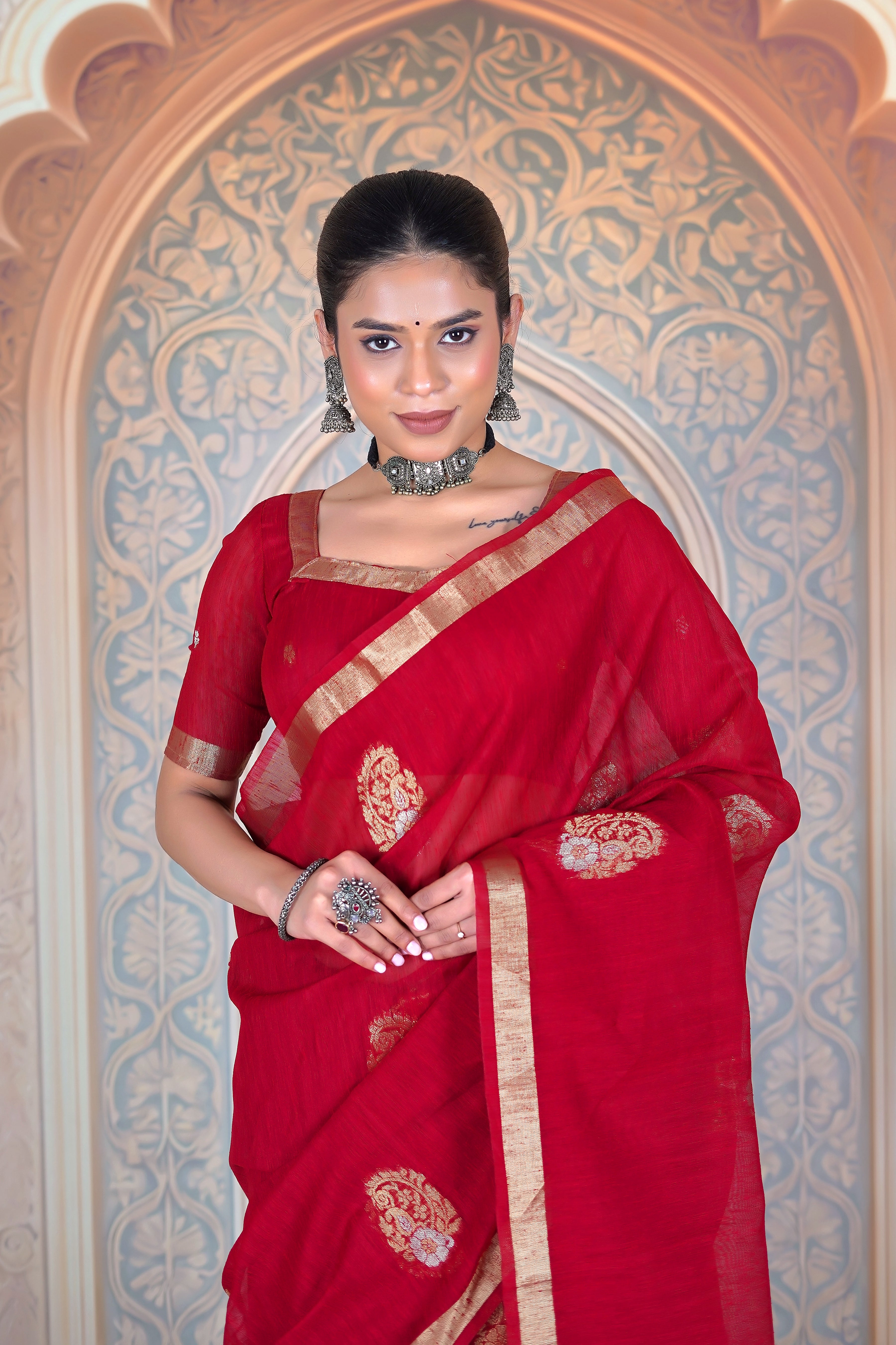 The Royal RED – Crimson Muga Linen Saree with Intricate Gold Motifs