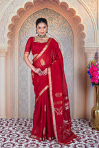 The Royal RED – Crimson Muga Linen Saree with Intricate Gold Motifs