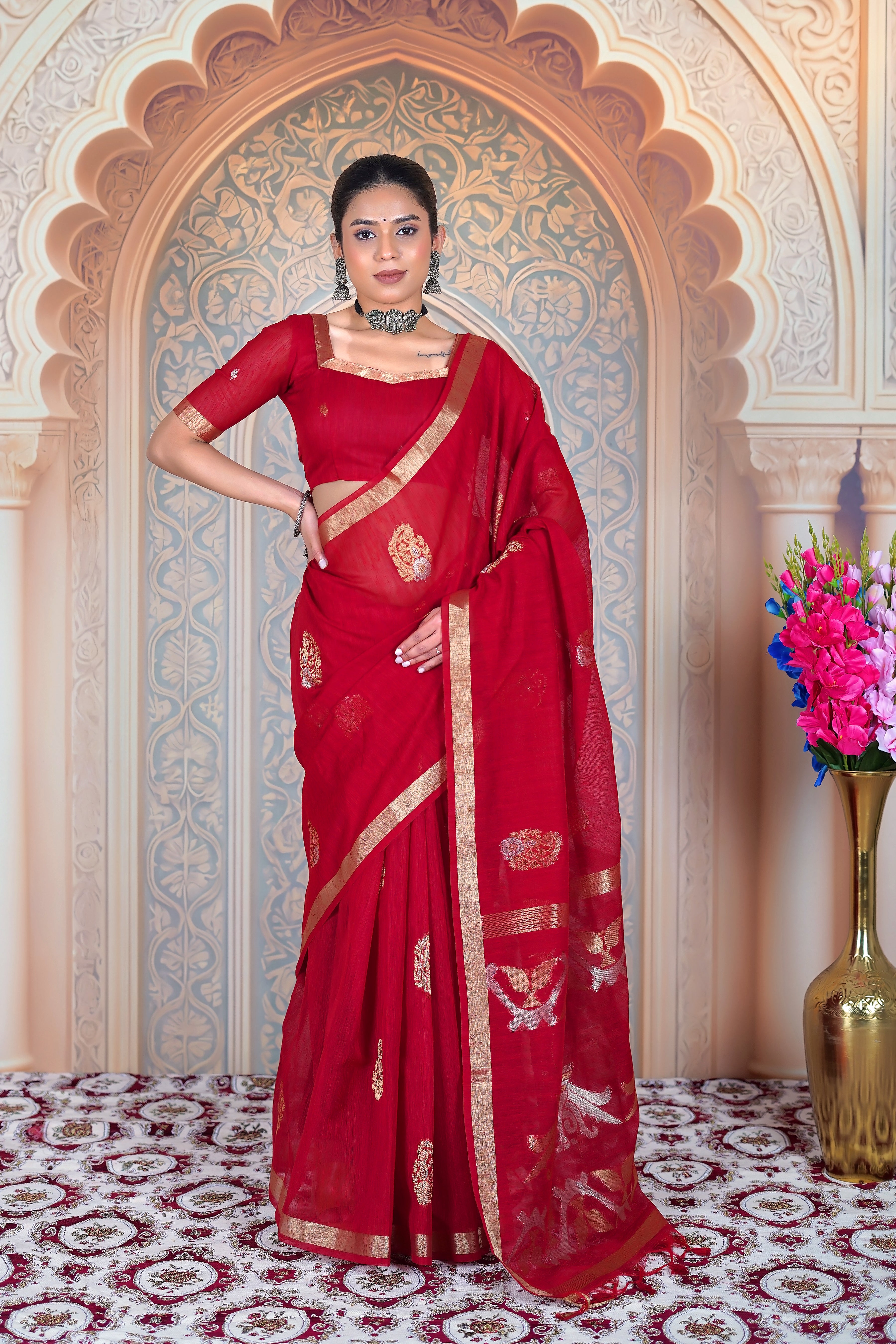 The Royal RED – Crimson Muga Linen Saree with Intricate Gold Motifs