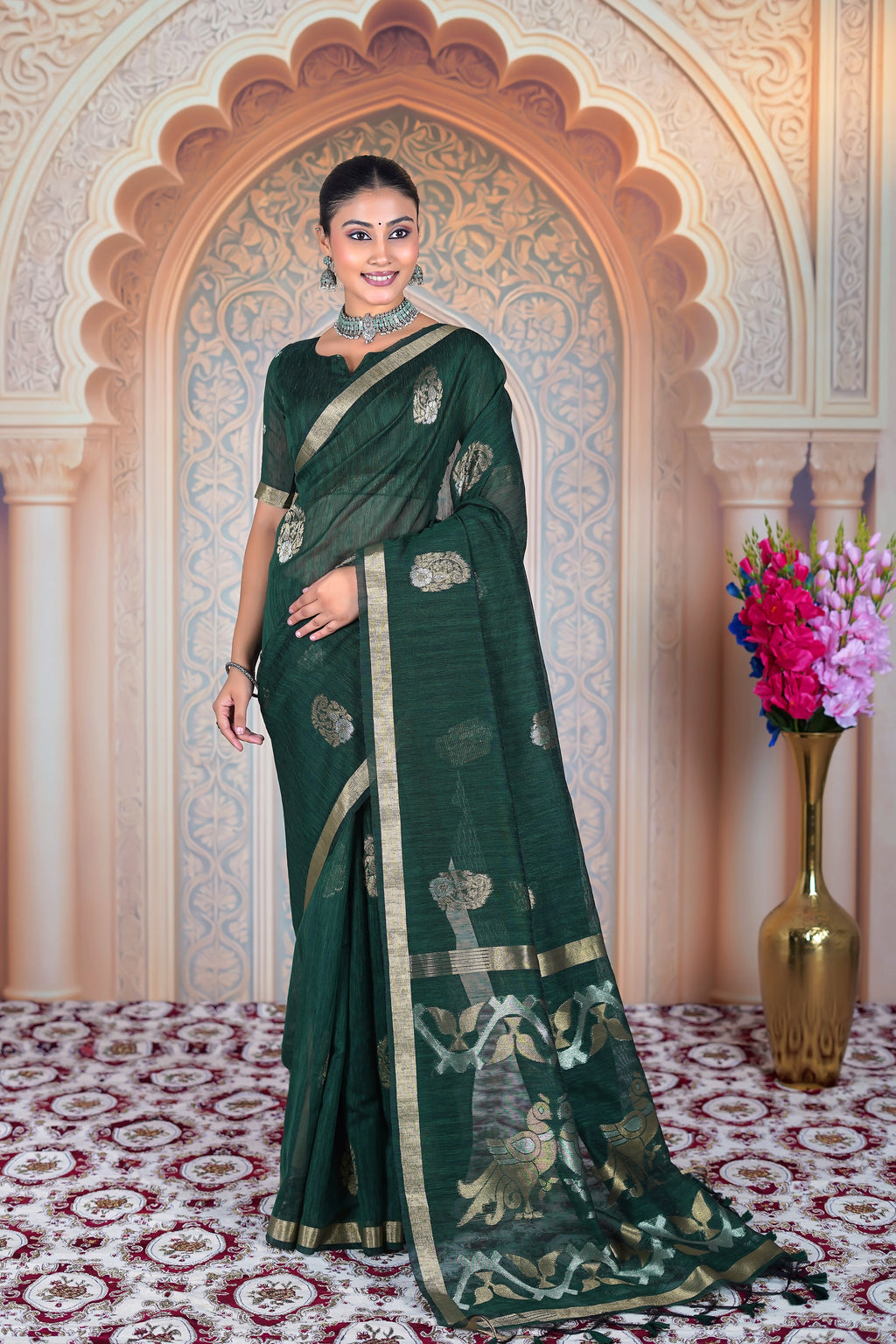 Royal Canopy – Deep Green Muga Linen Saree
