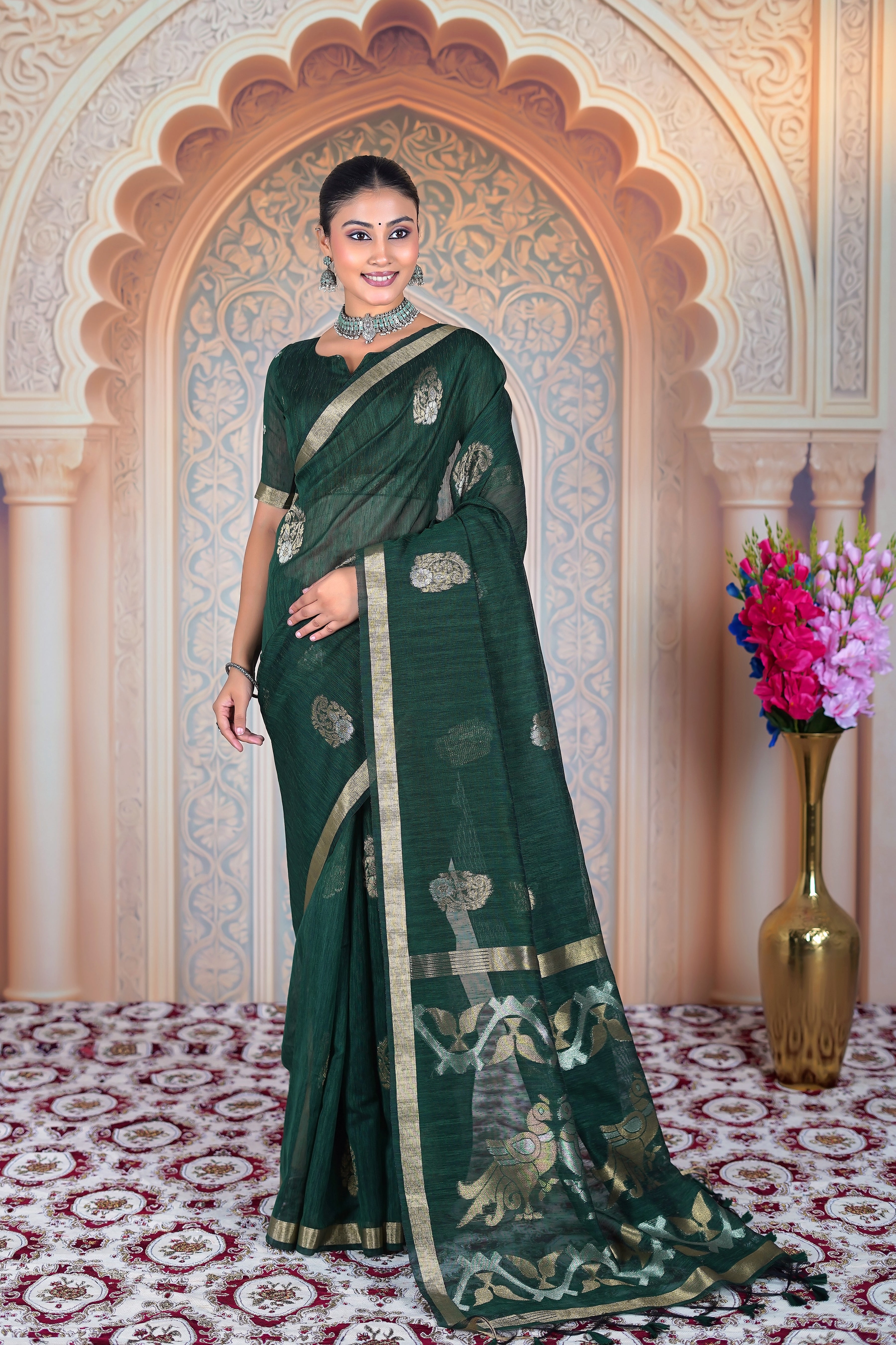 Royal Canopy – Deep Green Muga Linen Saree