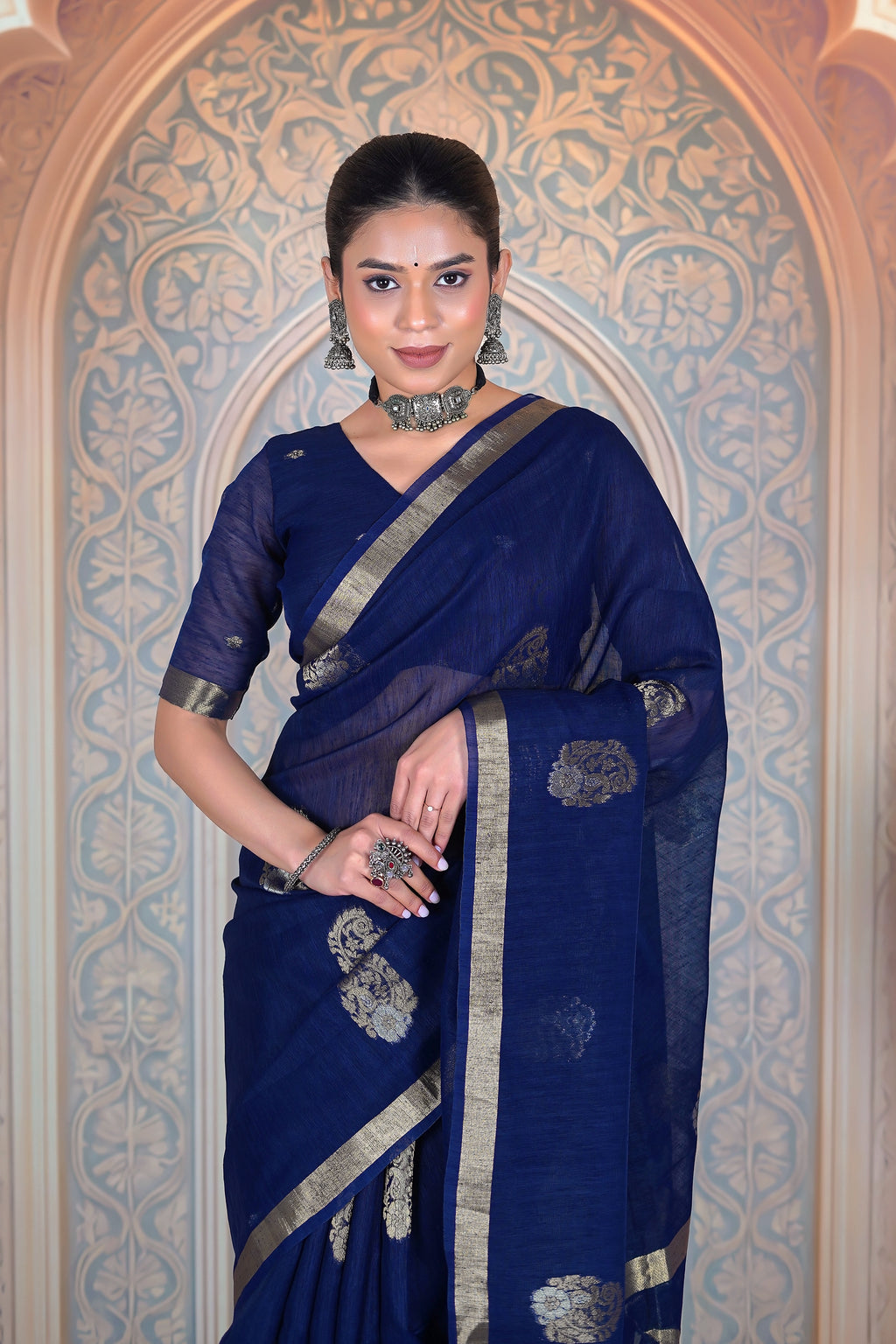 Royal Indigo Tale – Premium Muga Linen with Zari Accents