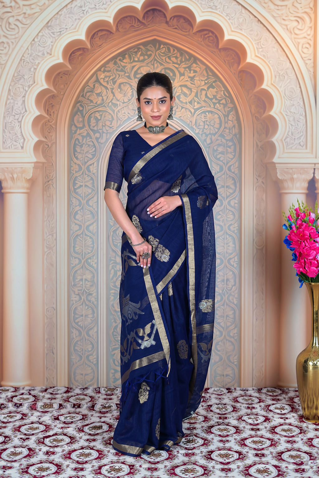Royal Indigo Tale – Premium Muga Linen with Zari Accents