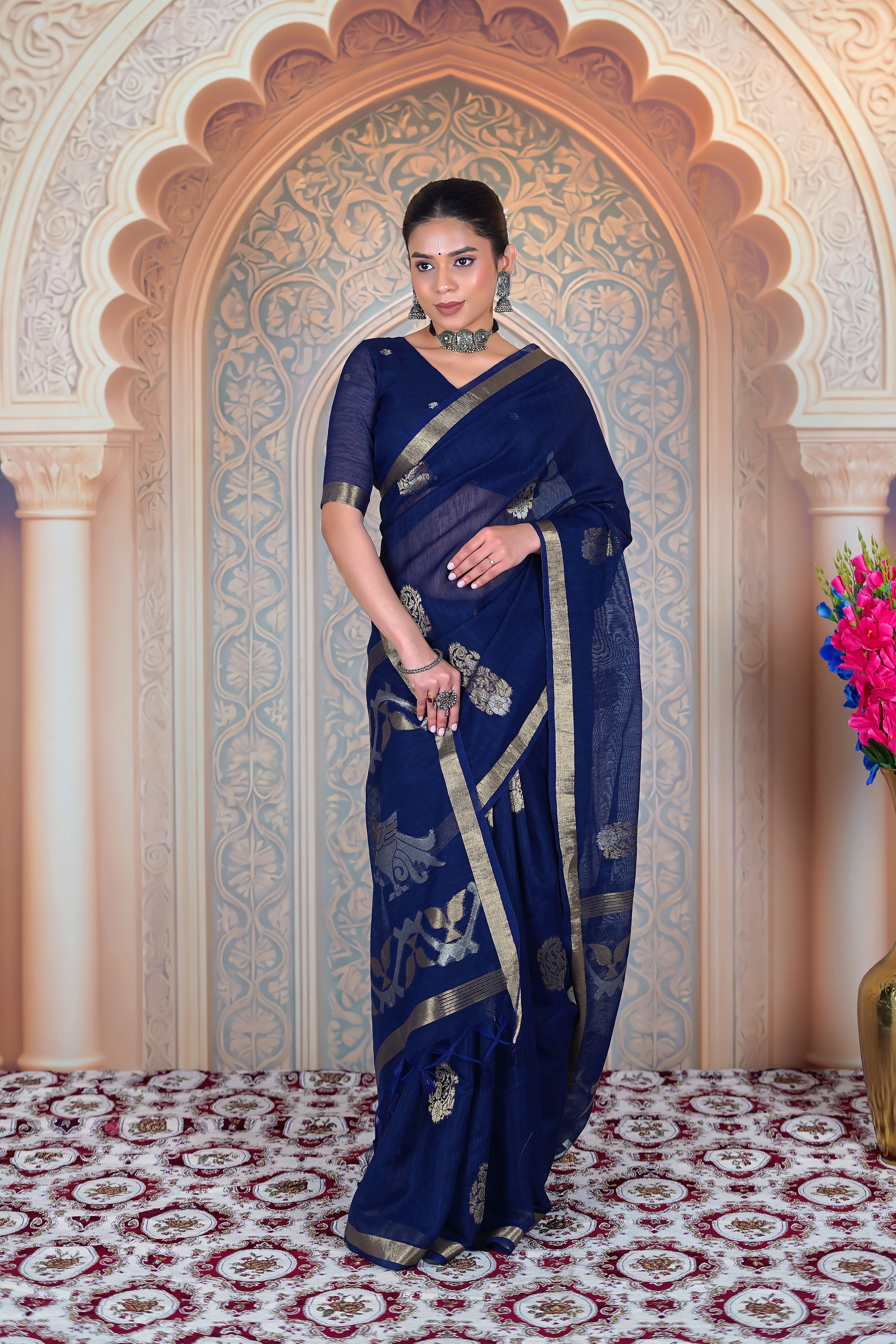 Royal Indigo Tale – Premium Muga Linen with Zari Accents