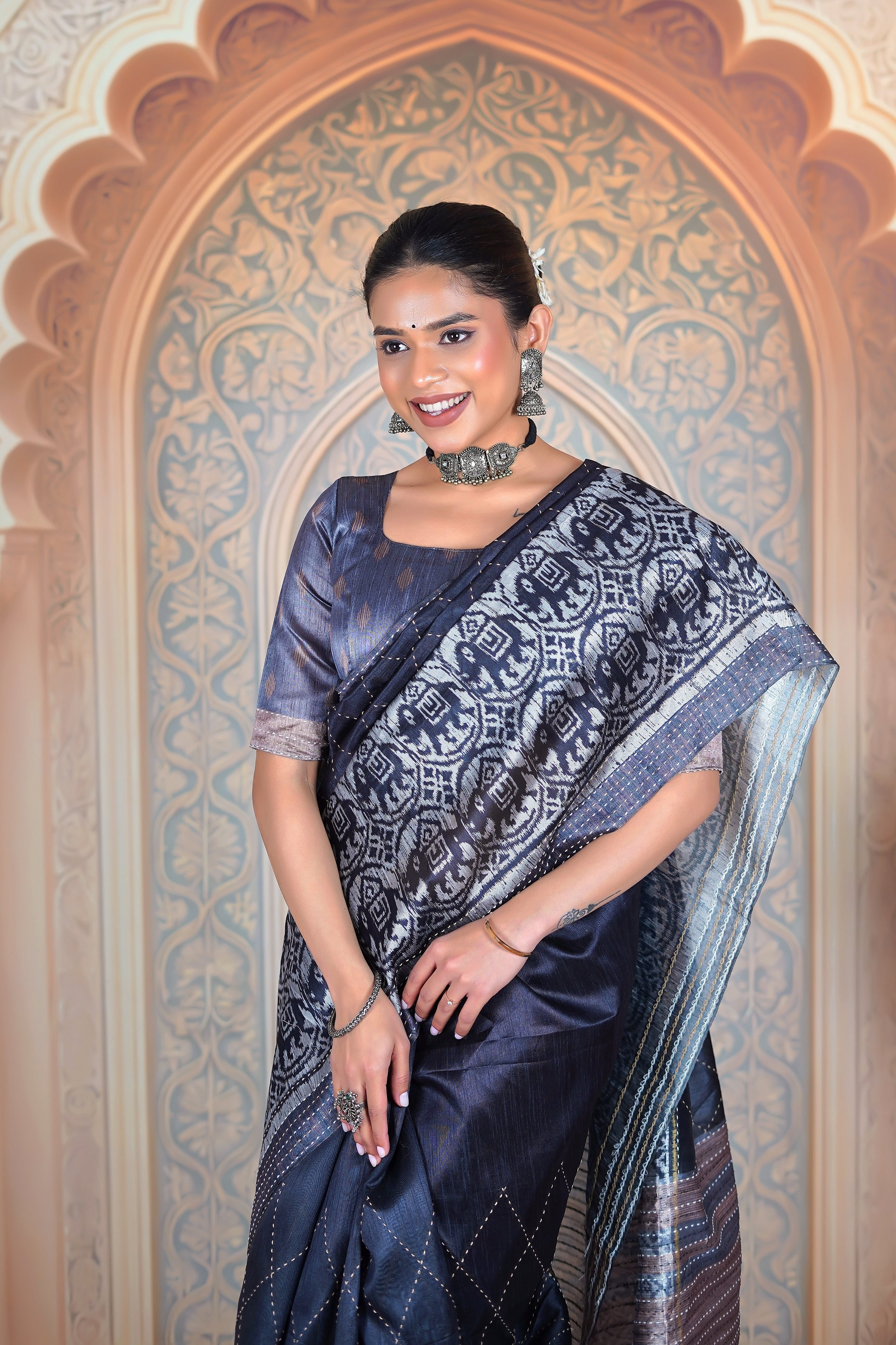 Midnight Ikat Whisper – Matka Tussar Silk Saree WITH KATHA NARRATIVES