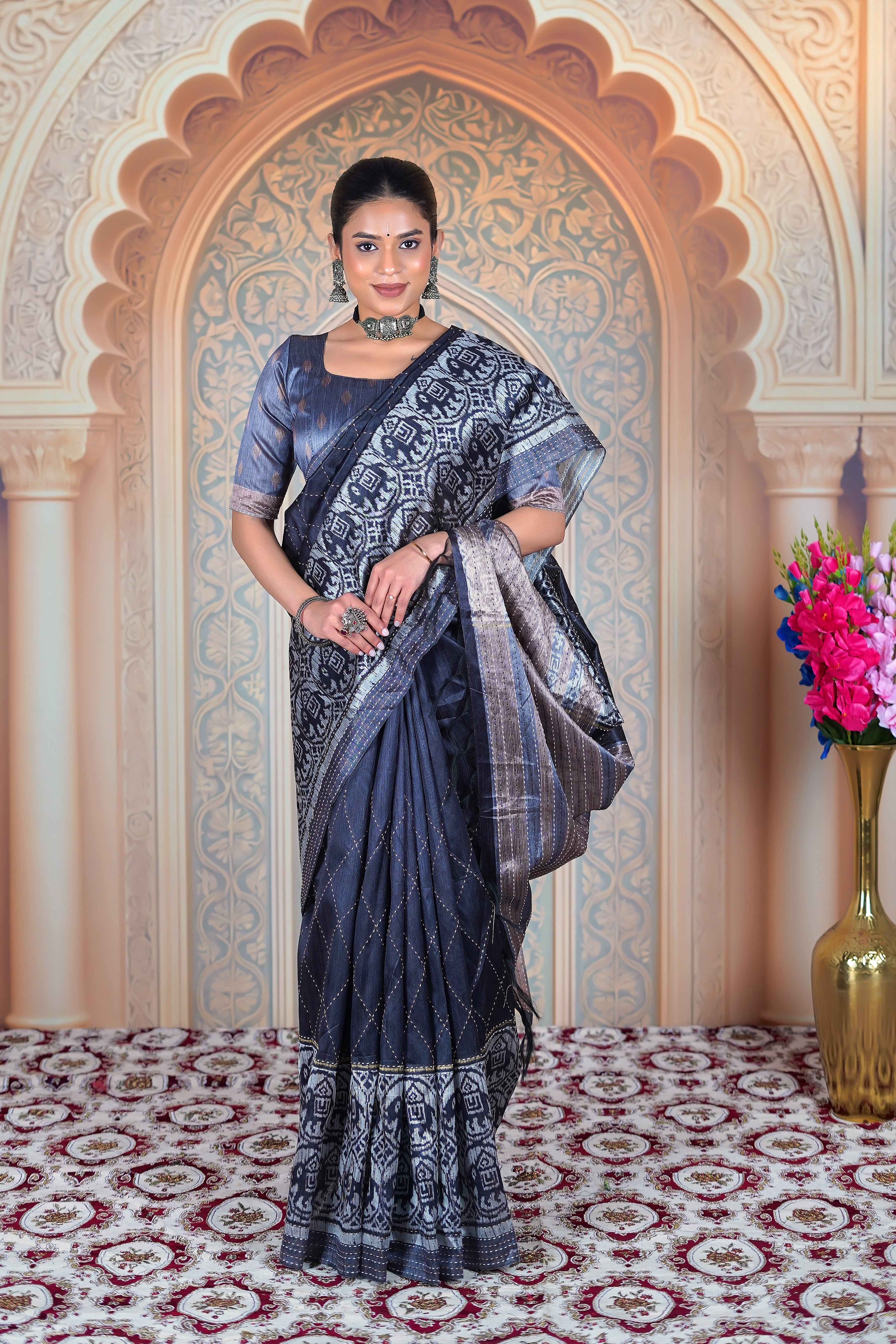 Midnight Ikat Whisper – Matka Tussar Silk Saree WITH KATHA NARRATIVES